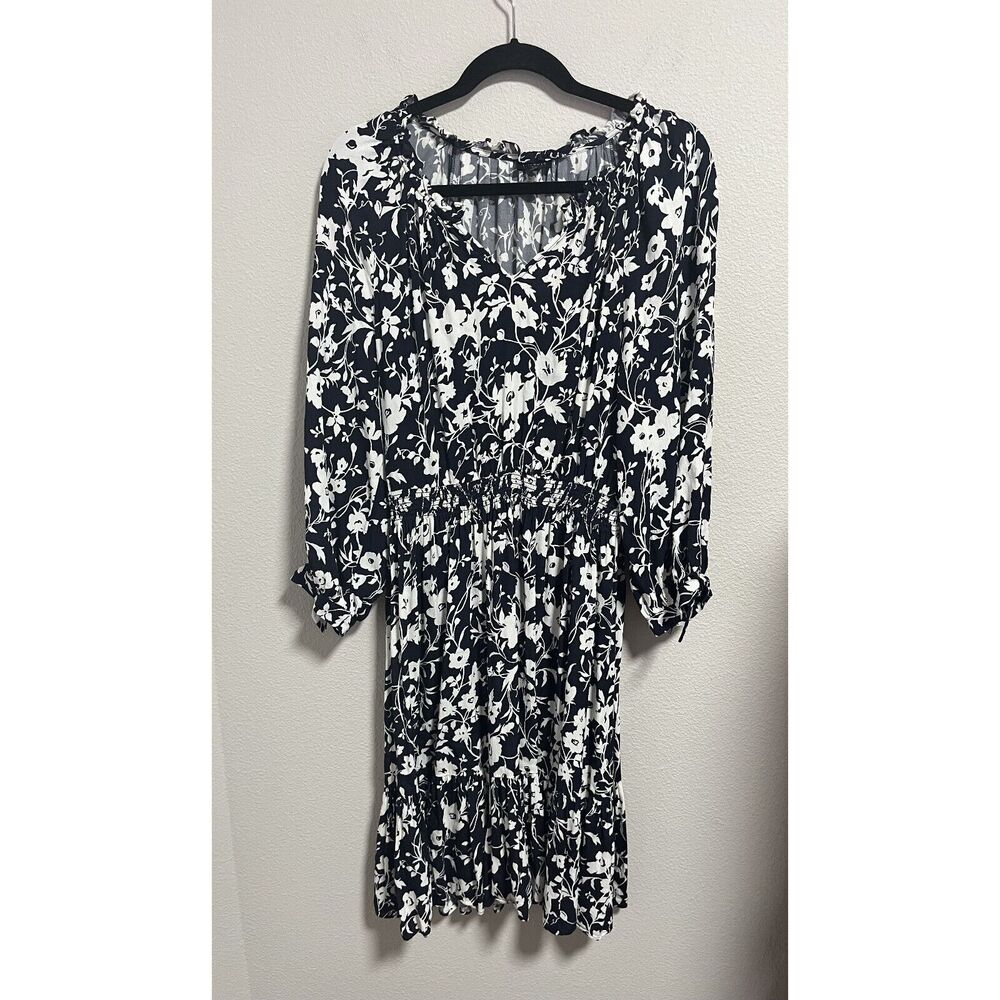 Talbots Floral Ruffle Collar Dress Long Sleeve Elastic Waist Fit & Flare Large